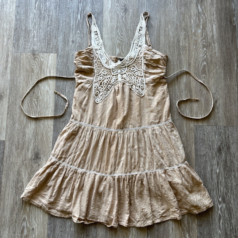 Passport Y2K Beige Tiered Butterfly Crochet Fairy Festival Babydoll Dress Size S - Picture 3 of 10